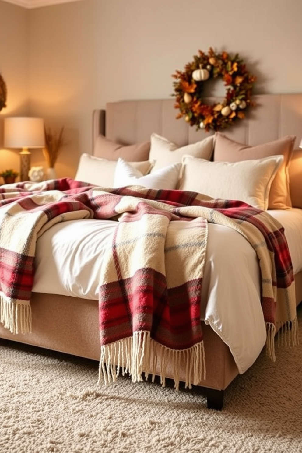 Cozy plaid throw blankets are draped over a plush bed adorned with soft, neutral-colored linens. The room is illuminated by warm, ambient lighting, creating an inviting atmosphere perfect for Thanksgiving celebrations.