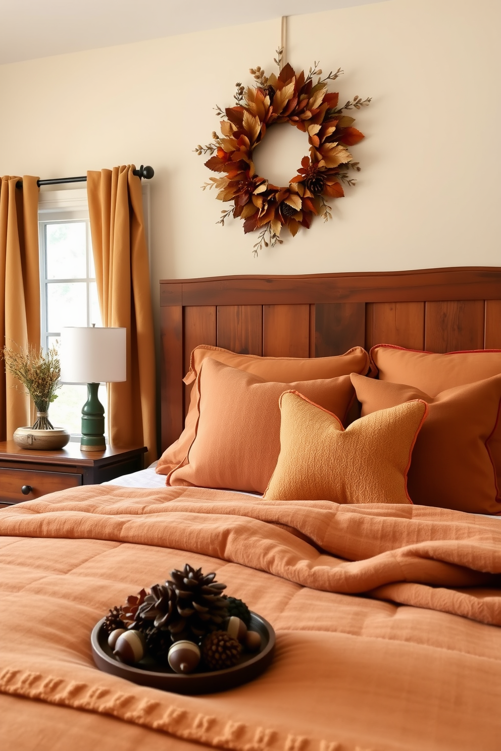 A cozy bedroom setting adorned with miniature pumpkins placed artfully on a wooden dresser. The warm autumn colors create a festive atmosphere, complementing the soft neutral tones of the bedding and curtains.