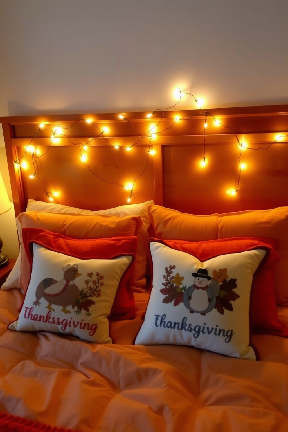 A cozy bedroom adorned with soft fairy lights that create a warm and inviting ambiance. The lights are draped elegantly across the headboard and along the window sills, casting a gentle glow throughout the space. Plush bedding in rich autumn colors complements the Thanksgiving theme, with decorative pillows featuring seasonal patterns. A rustic wooden bedside table holds a small pumpkin and a scented candle, enhancing the festive atmosphere.