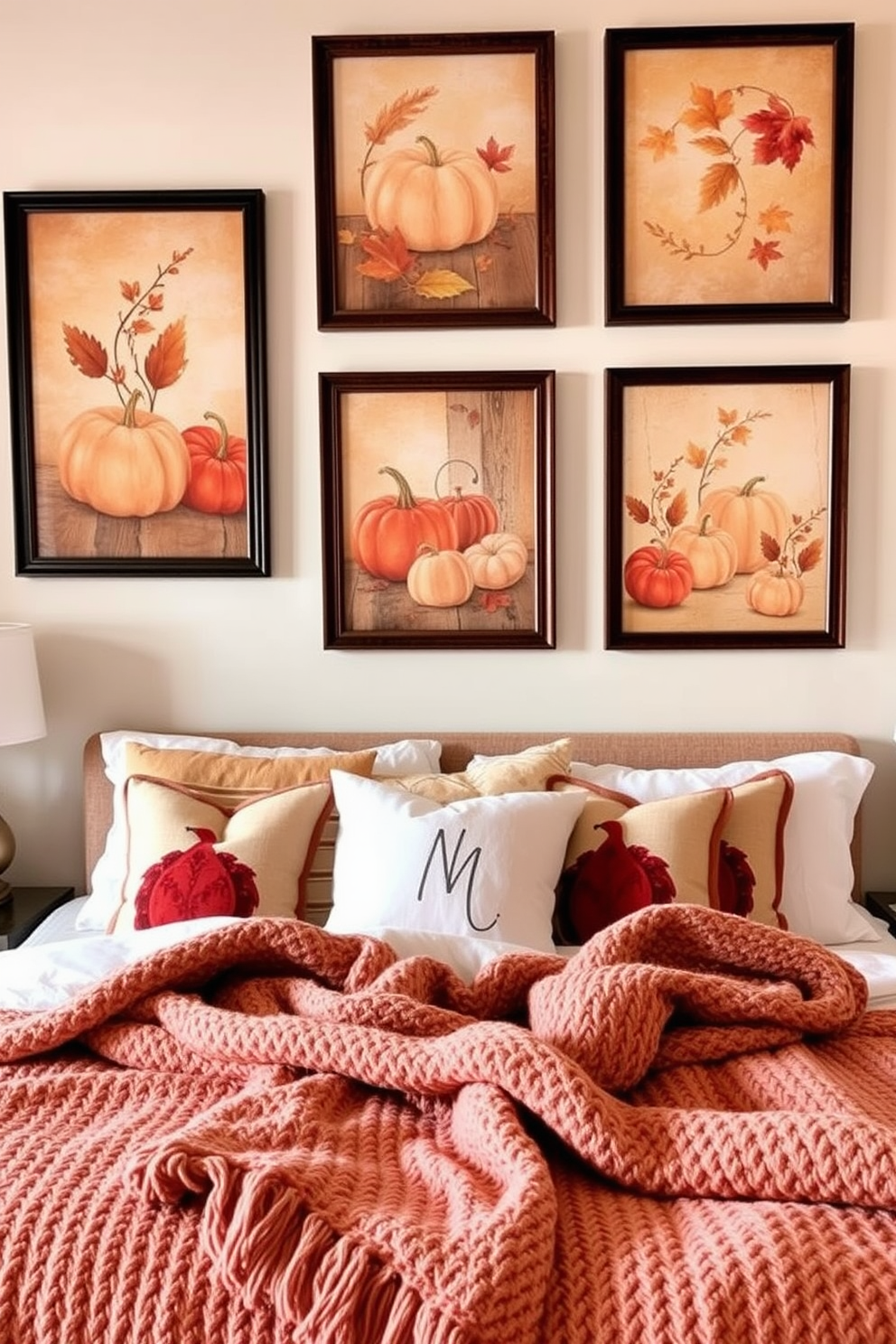 A harvest-inspired table centerpiece sits elegantly on the nightstand. It features a mix of small pumpkins, pinecones, and dried leaves arranged in a rustic wooden bowl, creating a warm and inviting atmosphere for Thanksgiving.