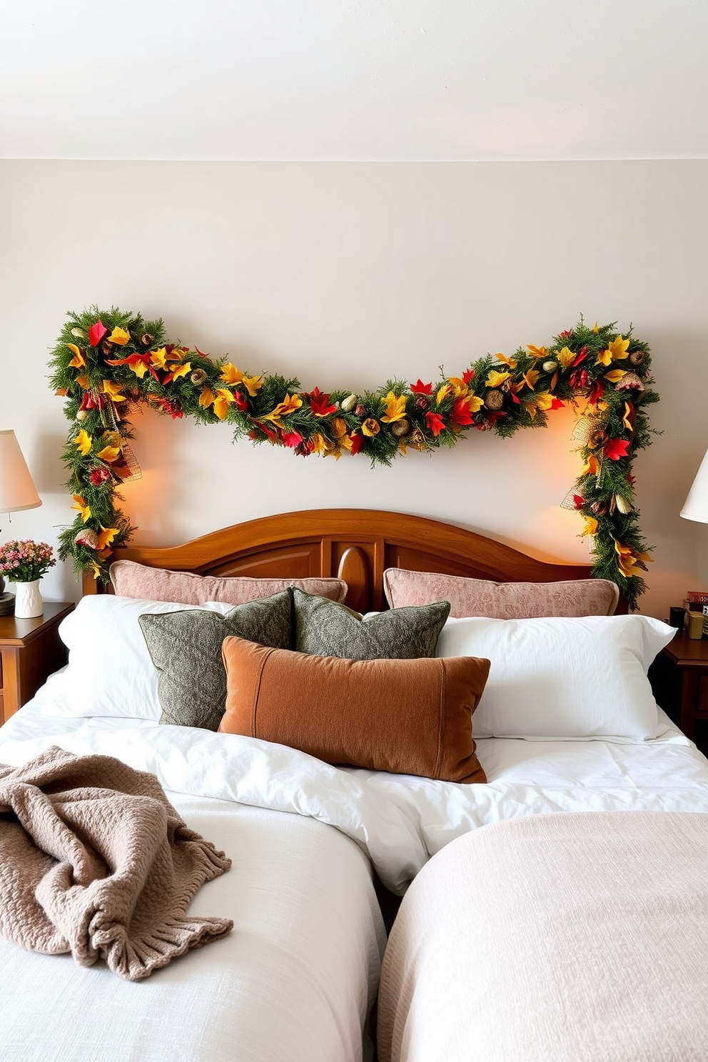 A cozy bedroom adorned with seasonal garlands draped elegantly over the headboard and nightstands. The warm autumn colors of the garlands complement the rich tones of the wooden furniture and soft bedding.