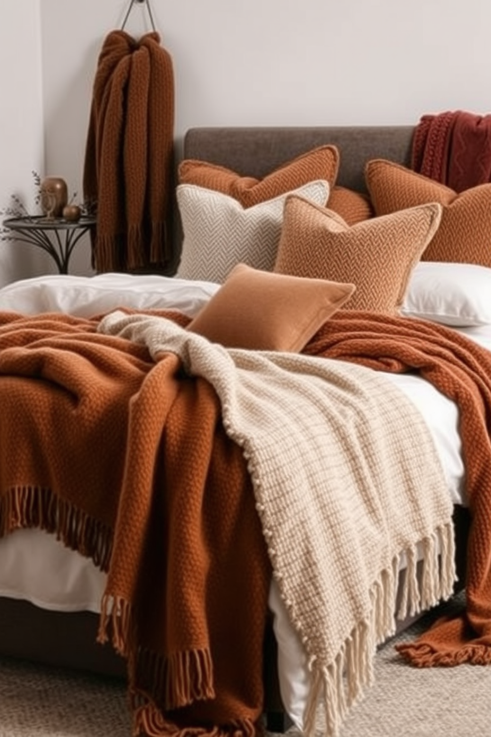 A cozy bedroom setting adorned with textured throws in rich earthy colors. The bed is elegantly dressed with layers of warm blankets and plush pillows, creating an inviting atmosphere for relaxation.