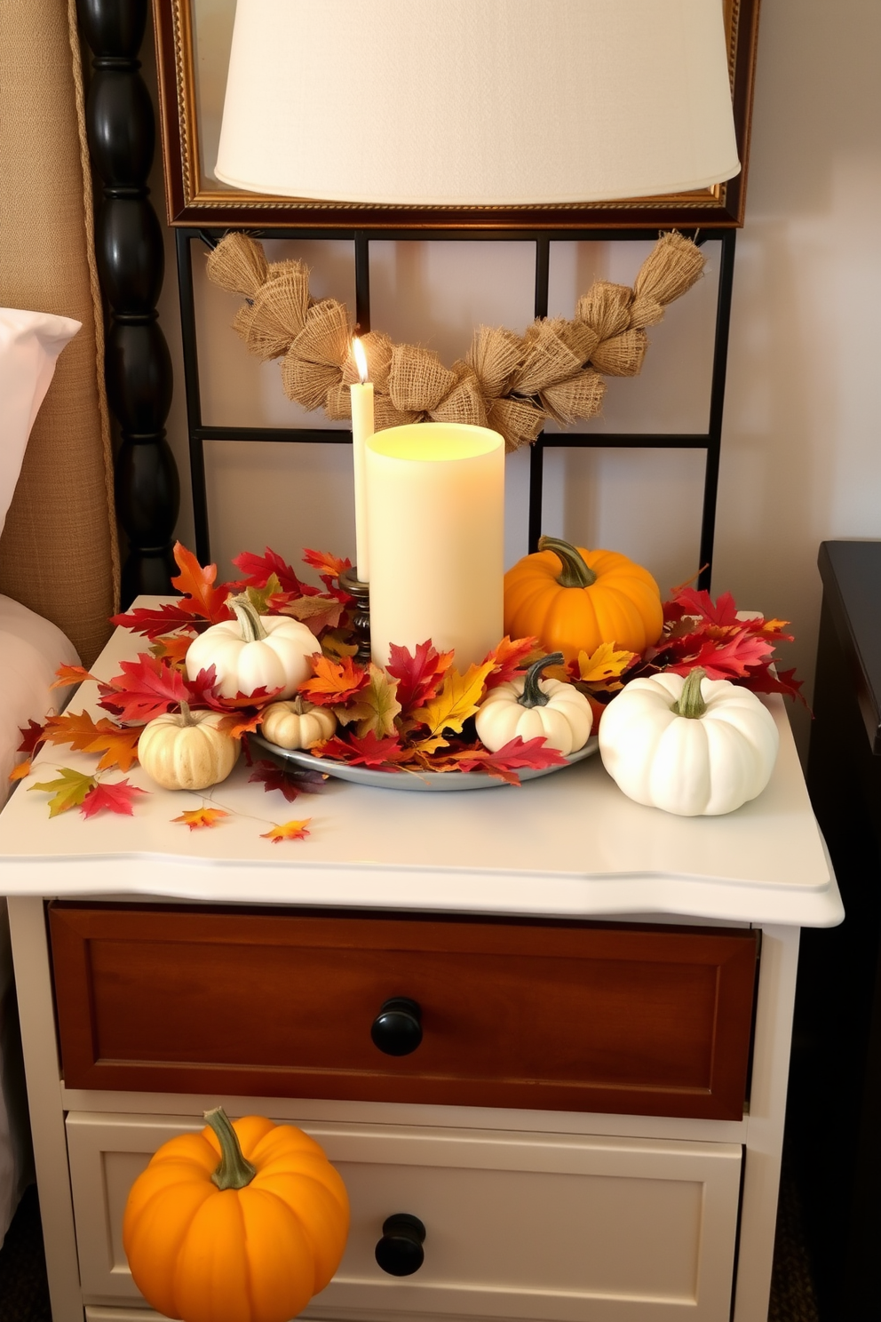 A beautifully arranged nightstand featuring harvest-themed decor. The table is adorned with small pumpkins, colorful autumn leaves, and a warm candle centerpiece, creating a cozy Thanksgiving ambiance.