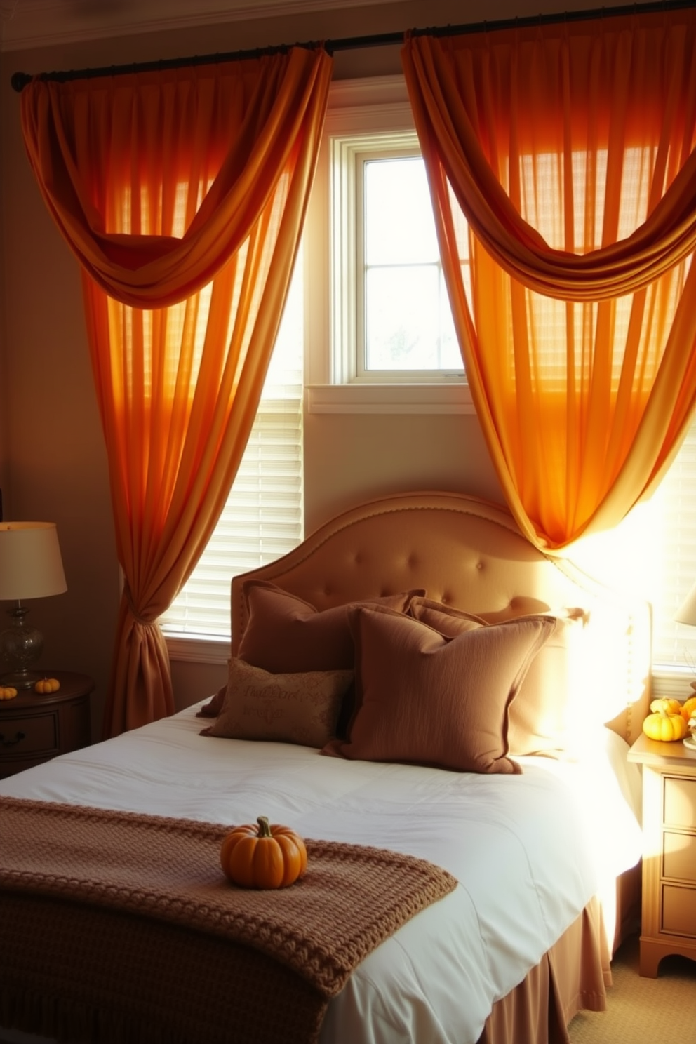 A cozy bedroom setting adorned with warm-toned curtains that gently filter the sunlight. The curtains are a rich amber hue, complementing the soft beige walls and creating a welcoming atmosphere. A beautifully made bed is dressed in earthy tones, with plush pillows and a knitted throw. Seasonal decorations, such as small pumpkins and autumn leaves, are strategically placed on the nightstands to enhance the Thanksgiving theme.