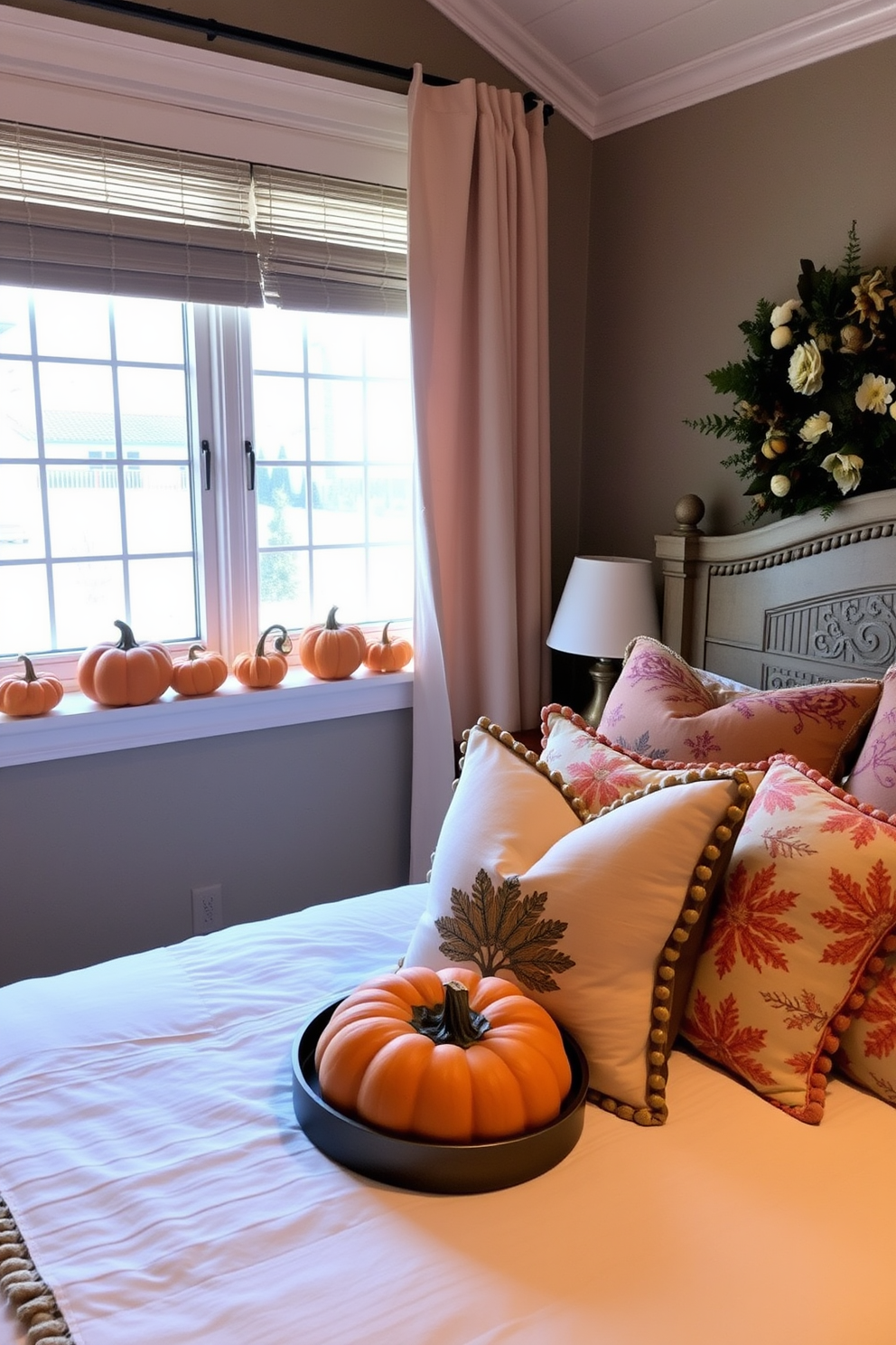 A cozy bedroom adorned with framed Thanksgiving quotes on the walls. The quotes are elegantly displayed in rustic wooden frames, adding warmth and charm to the space. Soft, autumn-inspired bedding complements the decor, featuring rich hues of orange and gold. A plush throw blanket is draped over the foot of the bed, inviting relaxation and comfort.