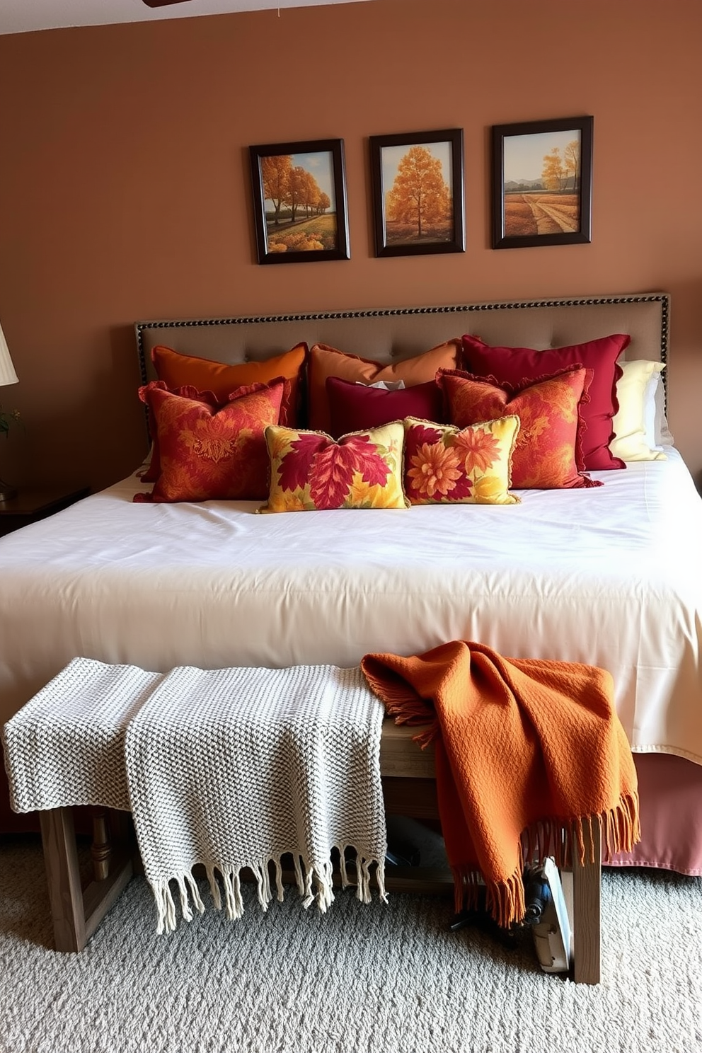 Autumn-themed decorative pillows in warm hues are arranged on a plush king-sized bed. The bedspread is a soft cream color, and the pillows feature rich oranges, deep reds, and golden yellows, creating a cozy and inviting atmosphere. A rustic wooden bench sits at the foot of the bed, adorned with a knitted throw blanket. The walls are painted a warm taupe, and a few framed autumn landscape prints hang above the bench, enhancing the seasonal theme.