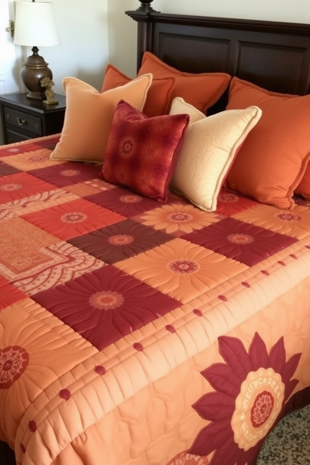 A cozy bedroom featuring a quilted bedspread in rich autumn colors such as deep oranges, browns, and golds. The bed is adorned with plush pillows in complementary shades, creating a warm and inviting atmosphere for Thanksgiving celebrations.