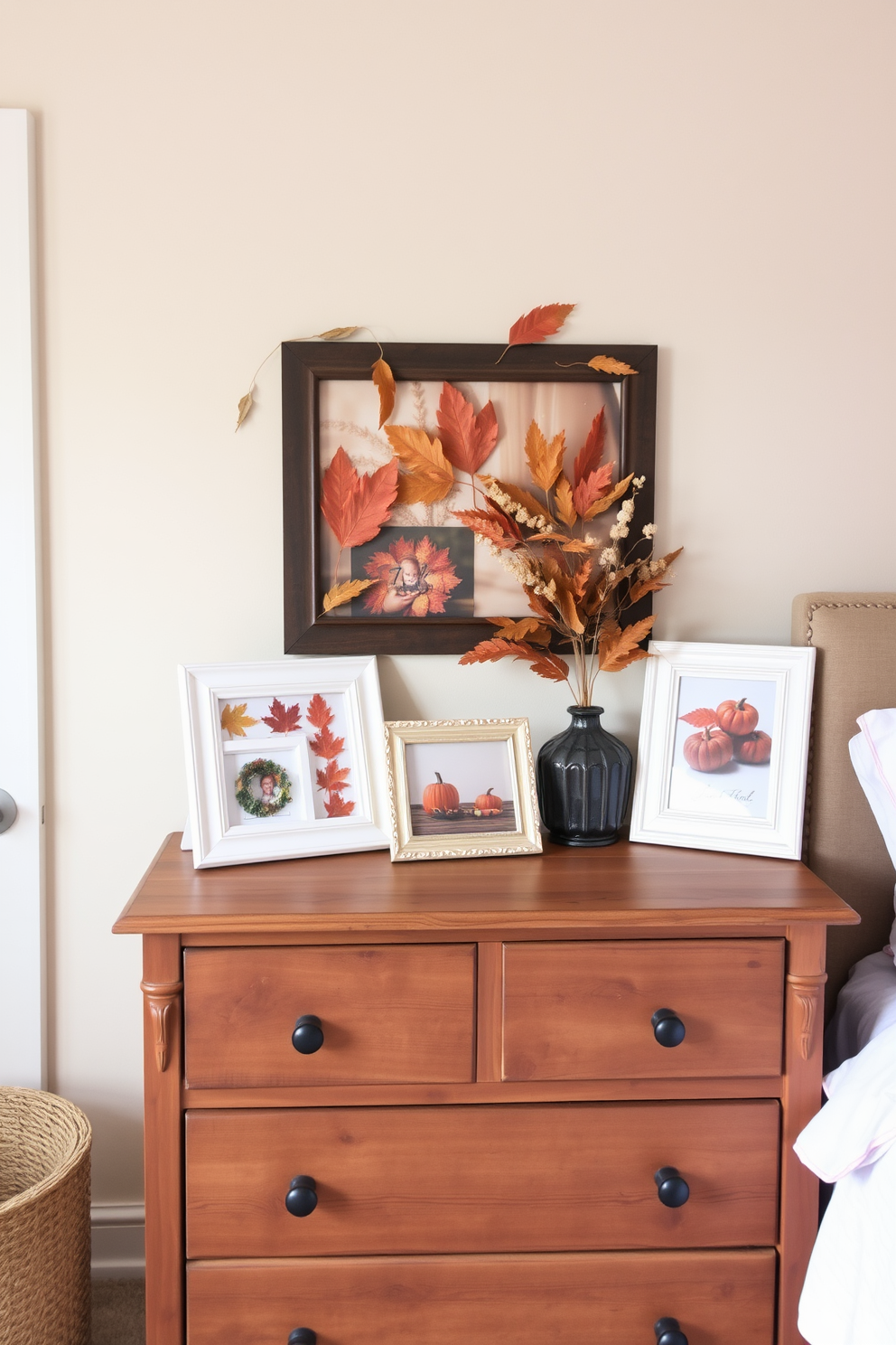 A cozy bedroom adorned with decorative baskets for seasonal storage. The baskets are woven in natural fibers and are placed neatly at the foot of the bed, adding a touch of warmth and functionality. Soft autumn hues dominate the decor, with plush throw pillows and a warm blanket draped over the bed. A small basket filled with seasonal decorations sits on a bedside table, enhancing the festive atmosphere of Thanksgiving.