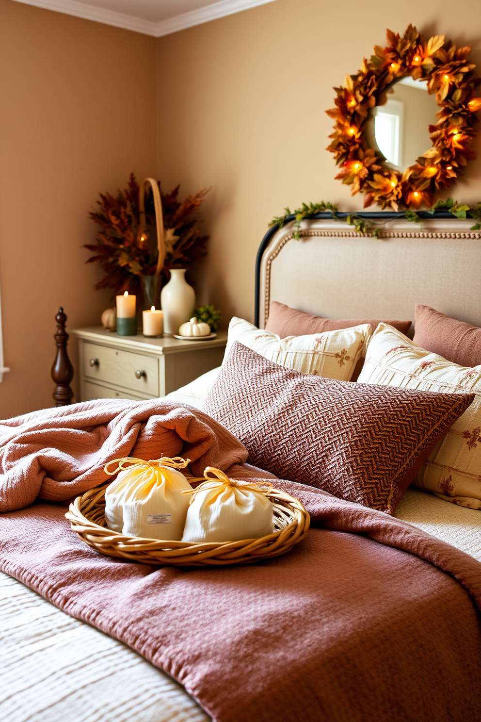 Create a cozy Thanksgiving bedroom setting that features scented sachets filled with cinnamon and clove. The room should have warm, earthy tones with soft lighting and seasonal decorations that evoke a sense of comfort and festivity.