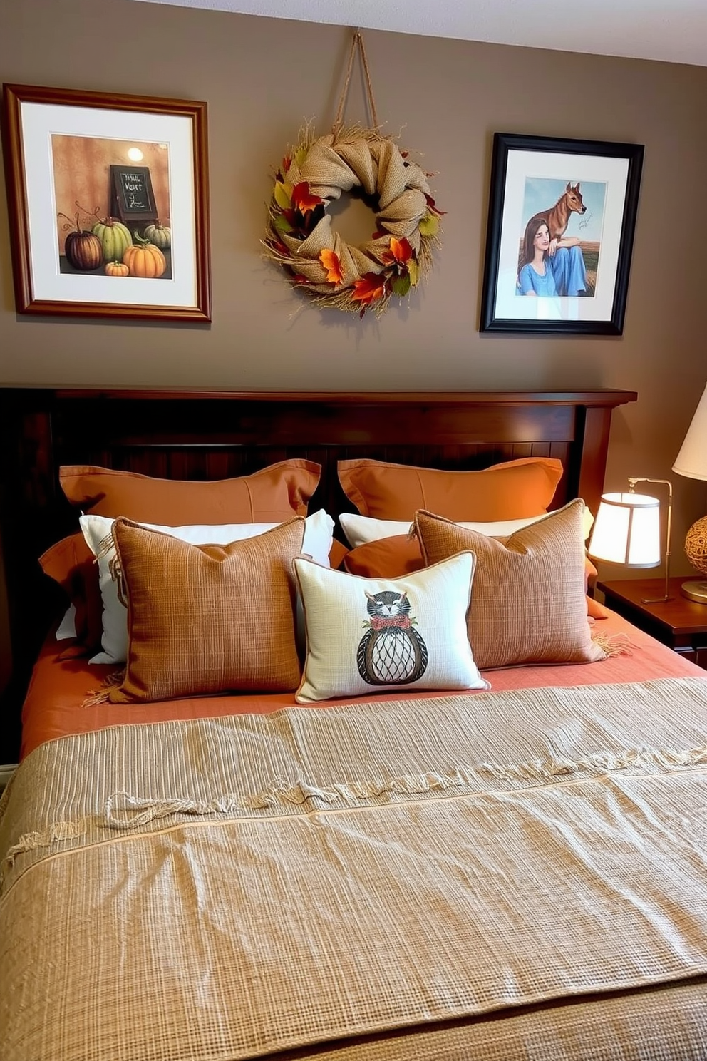 A cozy bedroom featuring a cushioned bench at the foot of the bed adorned with seasonal pillows in warm autumn colors. The walls are painted a soft cream, and a plush area rug lies beneath the bench, adding texture and comfort to the space.