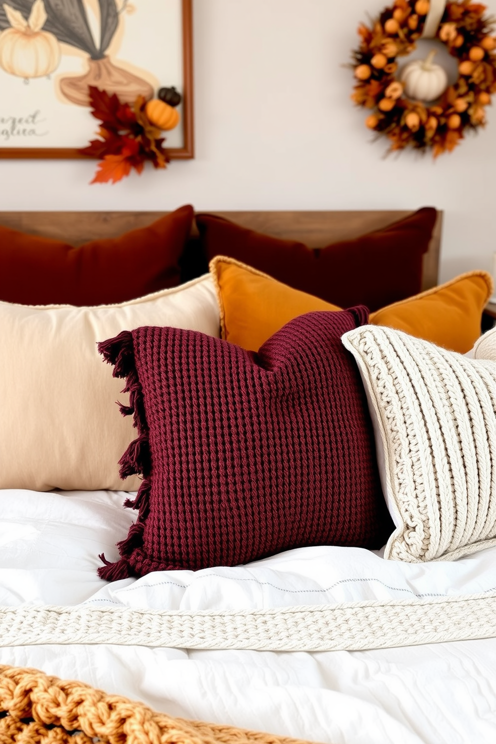 Layered cushions in varying textures create a cozy and inviting atmosphere in the bedroom. Soft velvet, chunky knits, and crisp cotton combine to enhance comfort and visual interest on the bed. Warm autumn colors like burnt orange, deep burgundy, and golden yellow are incorporated into the decor. Accents of seasonal foliage and subtle pumpkin decor complete the Thanksgiving theme, adding a festive touch to the space.