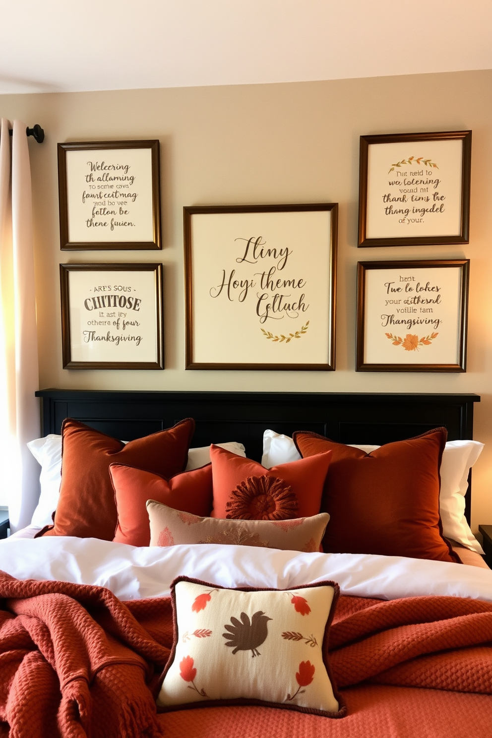 A cozy bedroom adorned with seasonal quotes framed elegantly on the wall. The decor features warm autumn colors, with plush bedding and decorative pillows that reflect the spirit of Thanksgiving.