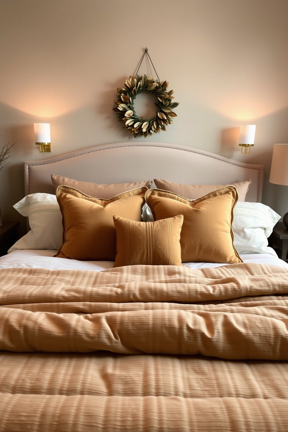 A cozy Thanksgiving bedroom adorned with muted gold accents. The bed features a plush comforter with subtle gold threads woven throughout, complemented by decorative pillows in warm autumn hues. Soft, ambient lighting is provided by bedside lamps with muted gold bases. A small, elegant wreath made of dried leaves and gold accents hangs above the headboard, adding a festive touch to the room.