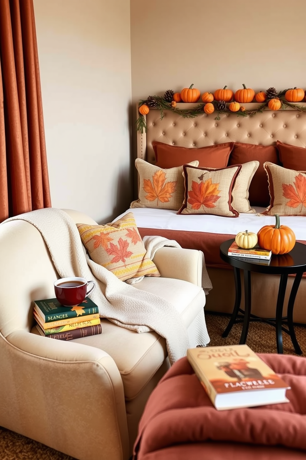 Colorful fall leaves in glass vases adorn the bedside tables, bringing a vibrant touch to the room. The warm hues of red, orange, and yellow complement the cozy bedding and soft throw pillows, creating an inviting atmosphere for Thanksgiving.