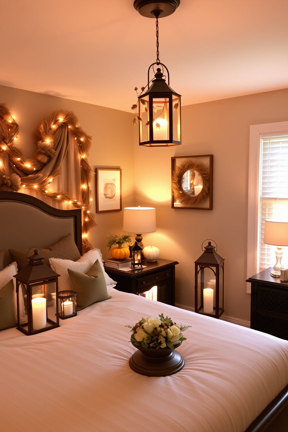 A cozy bedroom setting adorned with decorative lanterns that cast a warm and inviting glow. The lanterns are placed on nightstands and hung from the ceiling, creating a soft and soothing ambiance perfect for Thanksgiving celebrations.