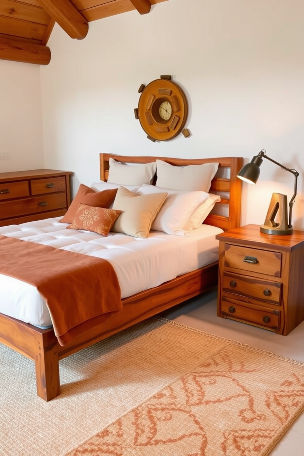 A serene bedroom space featuring a neutral color palette with soft beige walls and light gray bedding. Accents of orange are introduced through decorative pillows and a cozy throw blanket, creating a warm and inviting atmosphere for Thanksgiving. The room includes a plush area rug that complements the color scheme and a rustic wooden bed frame. A small bedside table holds a seasonal centerpiece with orange and yellow flowers, enhancing the festive decor.