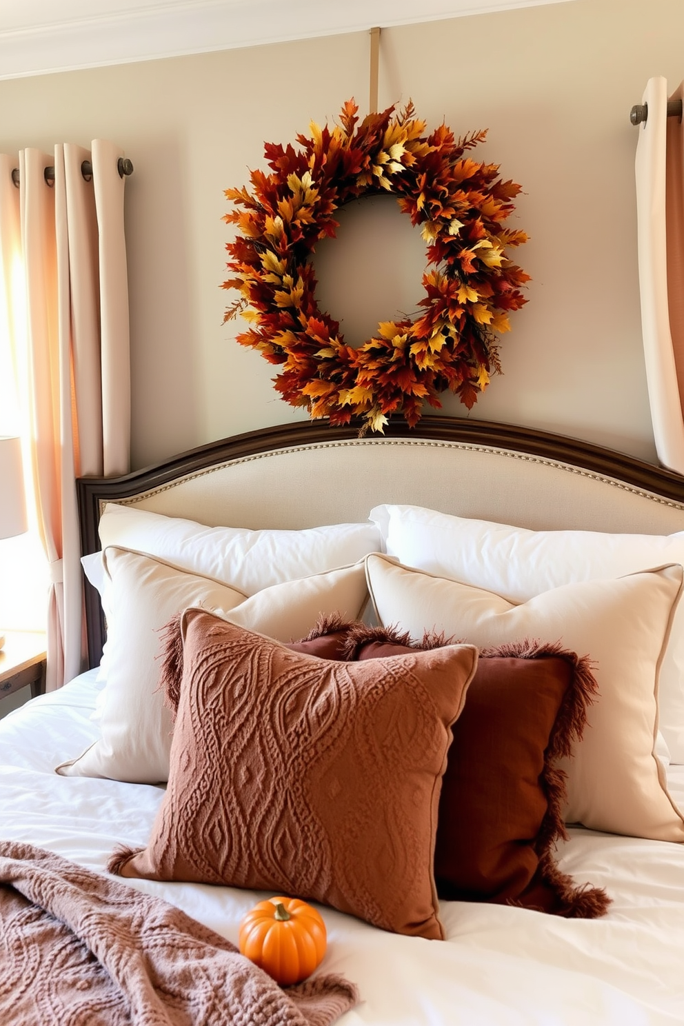 A cozy bedroom setting adorned with a wreath of fall leaves hanging gracefully above the headboard. The warm colors of the leaves complement the soft, neutral tones of the bedding and curtains, creating an inviting atmosphere perfect for Thanksgiving.