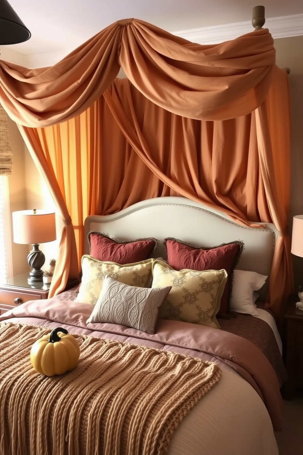 A cozy bedroom adorned with a fall-inspired bed canopy made of rich, warm-colored fabric that drapes elegantly from the ceiling. The bedding features a mix of soft, textured pillows in autumn hues, complemented by a knitted throw at the foot of the bed for added warmth. Decorative elements such as small pumpkins and pinecones are placed on the nightstands, enhancing the Thanksgiving theme. The room is softly lit with warm-toned lamps, creating an inviting atmosphere perfect for the season.