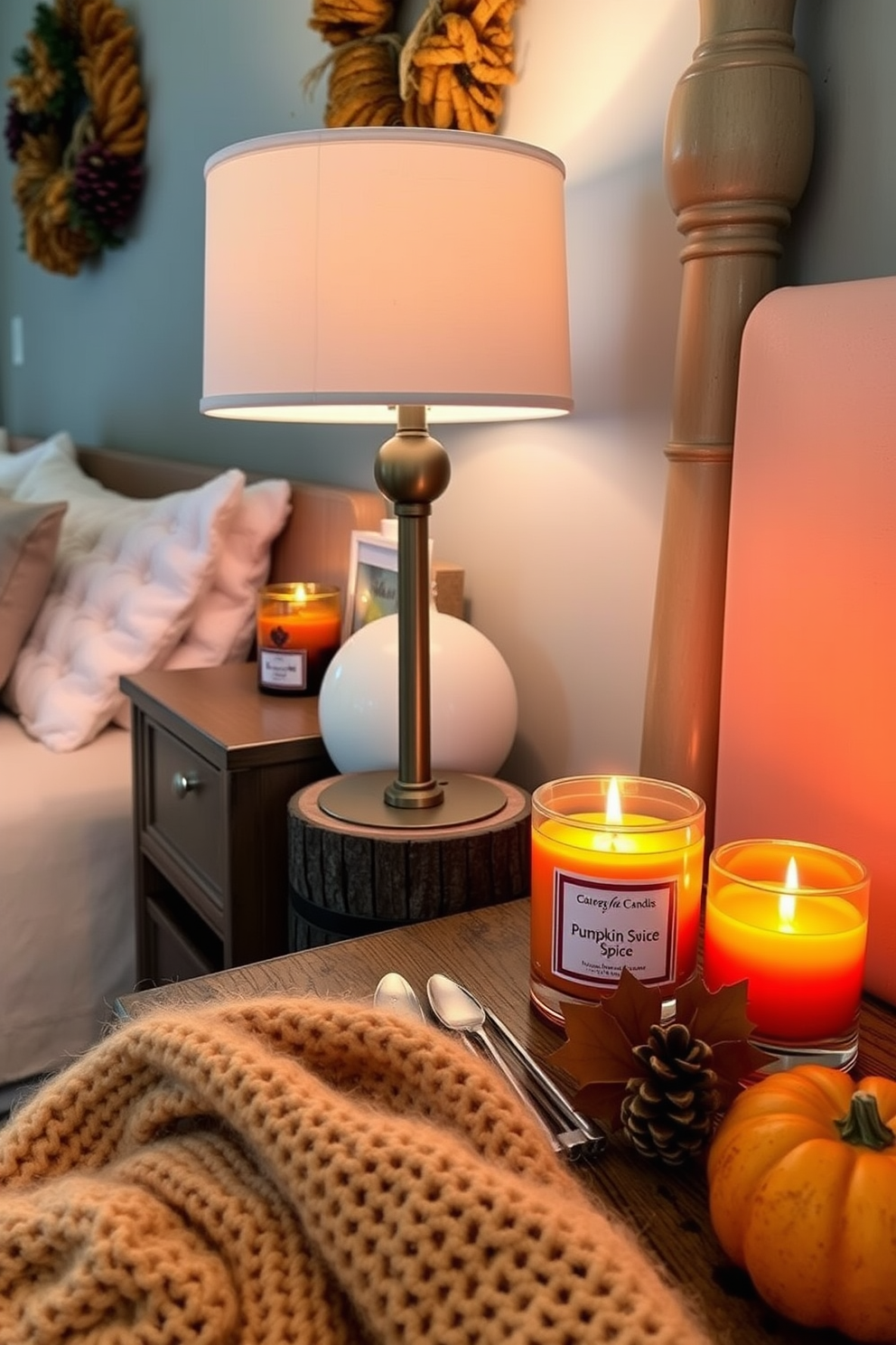 A cozy bedroom setting adorned with pumpkin spice scented candles on a rustic nightstand. The warm glow of the candles creates an inviting atmosphere, complemented by autumn-themed decorations throughout the room.