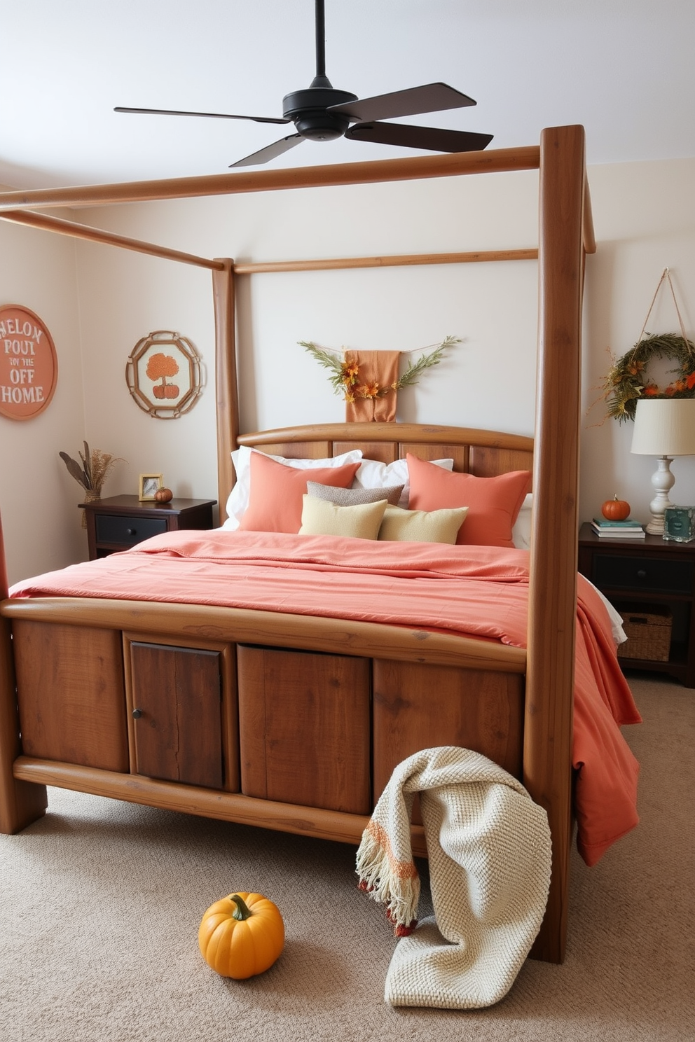 A rustic wooden bed frame sits prominently in the center of the room adorned with seasonal decor. Soft, warm tones of orange and gold accentuate the bedding, while small pumpkins and autumn leaves are thoughtfully placed around the space.