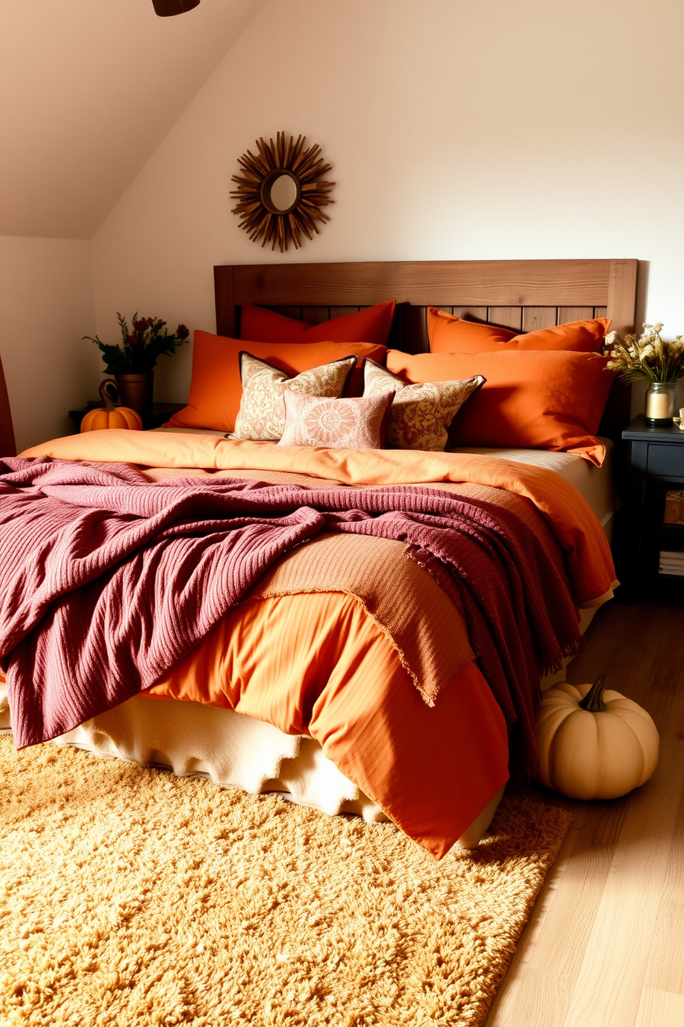 A cozy bedroom setting adorned for Thanksgiving. The bed is layered with a soft white duvet and an array of knitted pillows in warm earth tones, creating a welcoming atmosphere. A rustic wooden bench sits at the foot of the bed, decorated with a woven throw and a small pumpkin centerpiece. The walls are painted in a warm beige, complemented by golden accents in the decor and soft, ambient lighting.