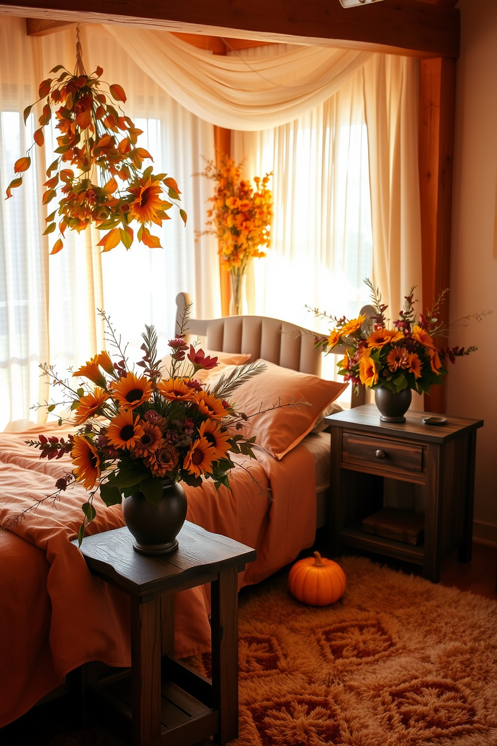 A cozy bedroom adorned with floral arrangements featuring vibrant autumn blooms. The bed is dressed in warm-toned linens, and a rustic wooden nightstand holds a bouquet of sunflowers, chrysanthemums, and dried leaves. Soft golden light filters through sheer curtains, casting a gentle glow on the rich, earthy color palette of the room. A plush area rug in warm hues anchors the space, complementing the seasonal decor.