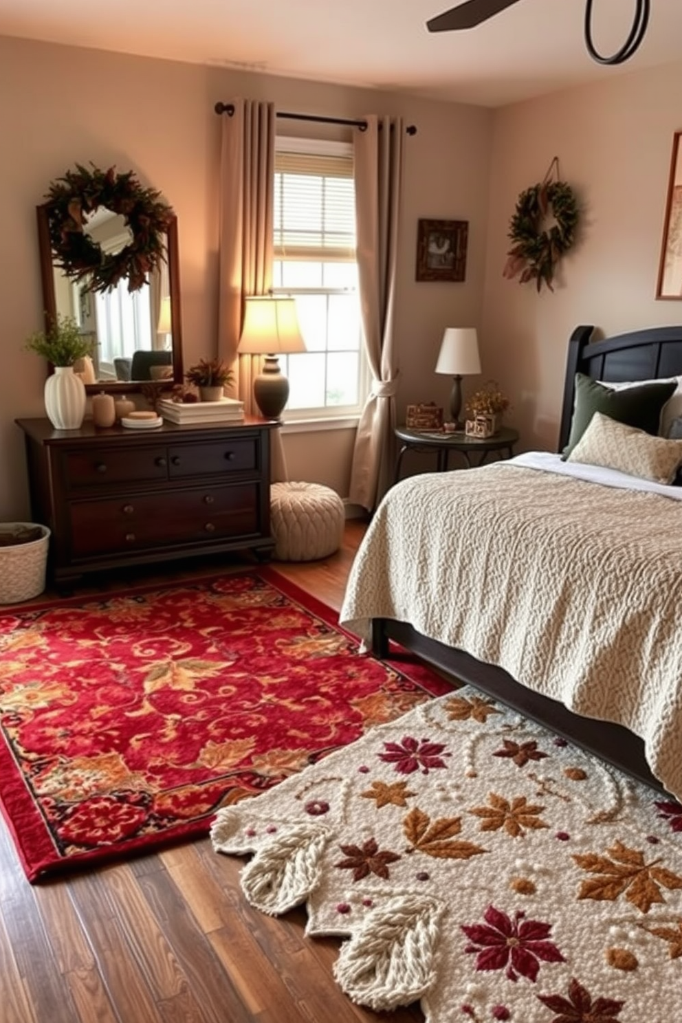 A cozy bedroom adorned with earthy tones in the curtains and drapes creates a warm and inviting atmosphere. The soft fabric gently filters natural light, enhancing the overall serenity of the space. Decorative elements inspired by Thanksgiving, such as a plush throw blanket and seasonal accents, add a festive touch. A rustic wooden headboard complements the color palette, making the room feel both stylish and comfortable.