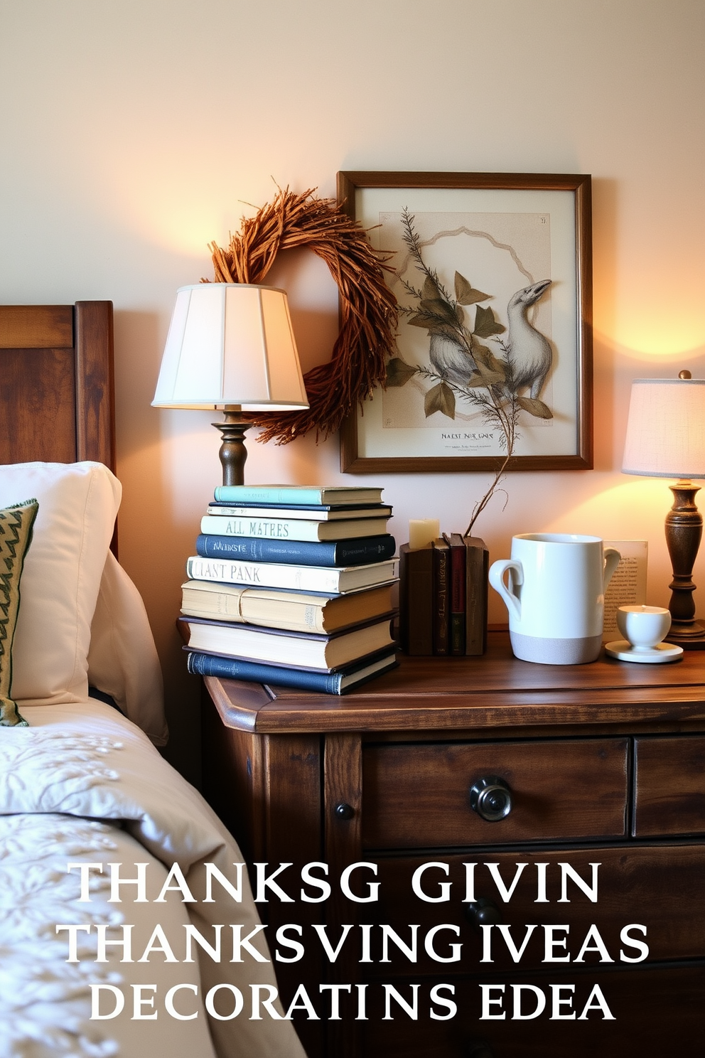 A cozy bedroom setting adorned with vintage books stacked on a rustic wooden dresser. The dresser is complemented by soft, warm lighting that creates an inviting atmosphere for Thanksgiving decorating ideas.