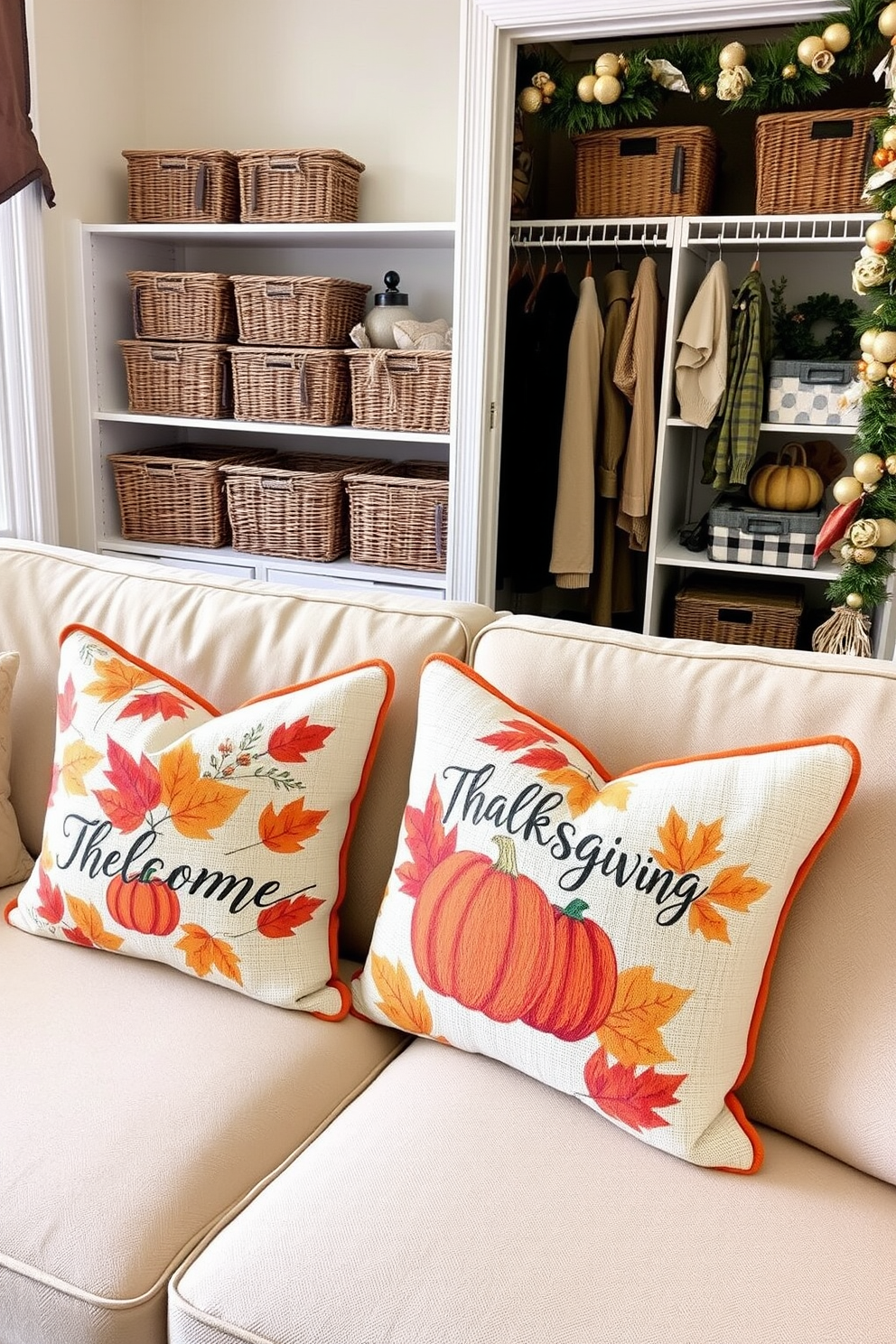 Thanksgiving themed throw pillows on a cozy couch. The pillows are adorned with autumn leaves and pumpkins, adding warmth to the living room. Thanksgiving closet decorating ideas featuring seasonal decor. The closet is organized with decorative baskets and festive garlands, creating a welcoming atmosphere.