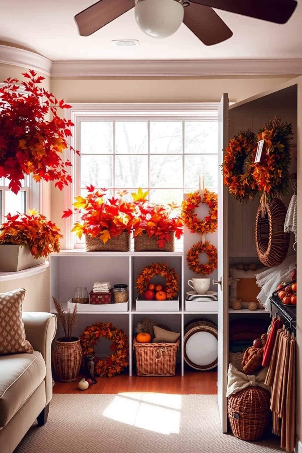 A cozy living room adorned with window boxes filled with vibrant fall foliage. The rich colors of red, orange, and yellow leaves create a warm and inviting atmosphere, enhancing the seasonal charm. A beautifully organized closet showcasing Thanksgiving-themed decorations. Soft lighting highlights the neatly arranged decor, including autumnal wreaths and festive table settings, creating a welcoming space for holiday preparations.