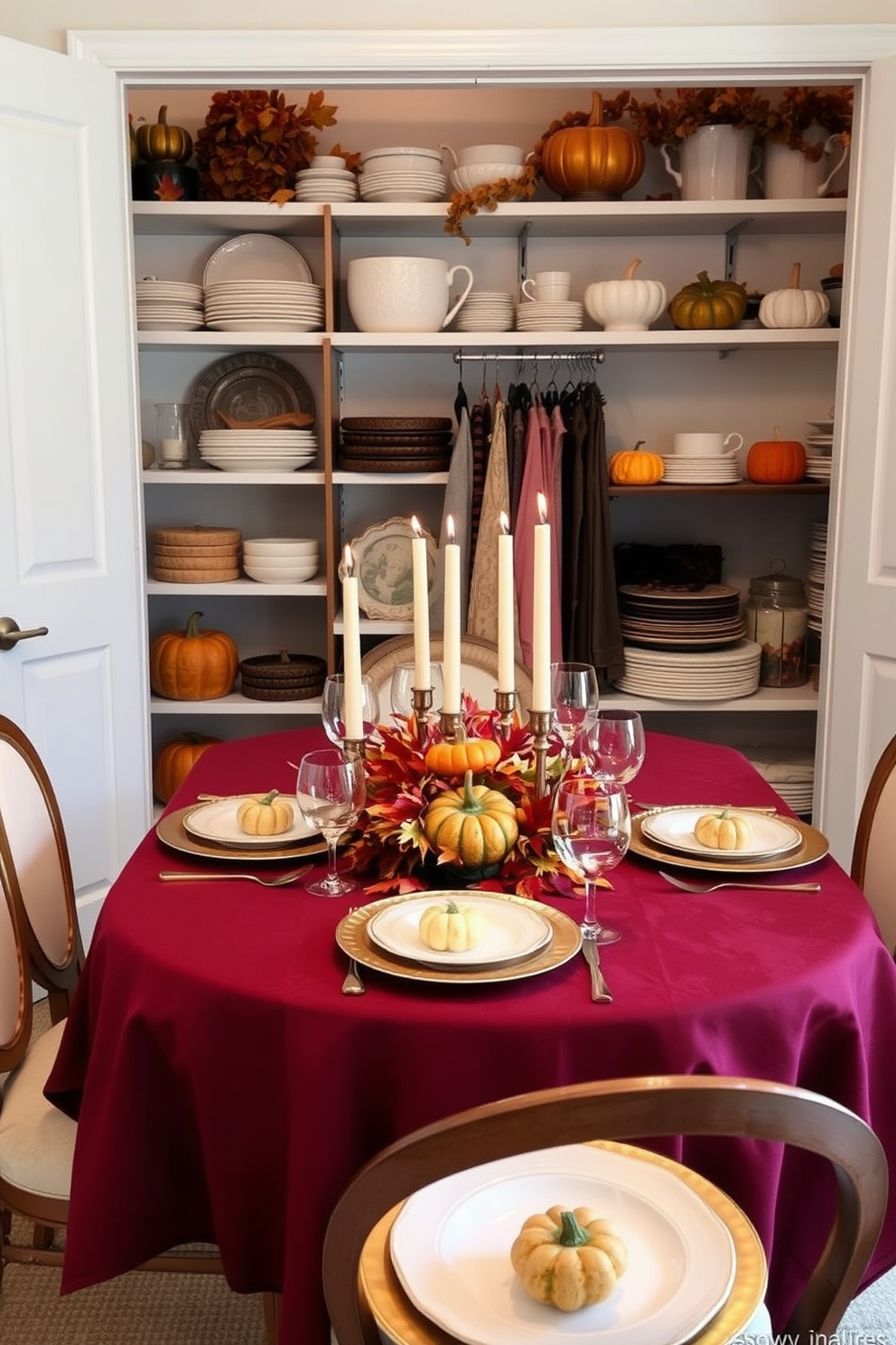 A beautifully arranged Thanksgiving table setting. The table is adorned with a rich burgundy tablecloth, complemented by gold-rimmed plates and elegant glassware. A centerpiece of autumn leaves and candles adds warmth to the atmosphere. Each place setting includes a small pumpkin as a charming touch. A cozy Thanksgiving closet decorated with seasonal accents. Shelves are lined with festive dishware and colorful table linens. Pumpkin and gourd decorations are artfully displayed throughout the space. The closet exudes a welcoming and festive vibe perfect for the holiday.