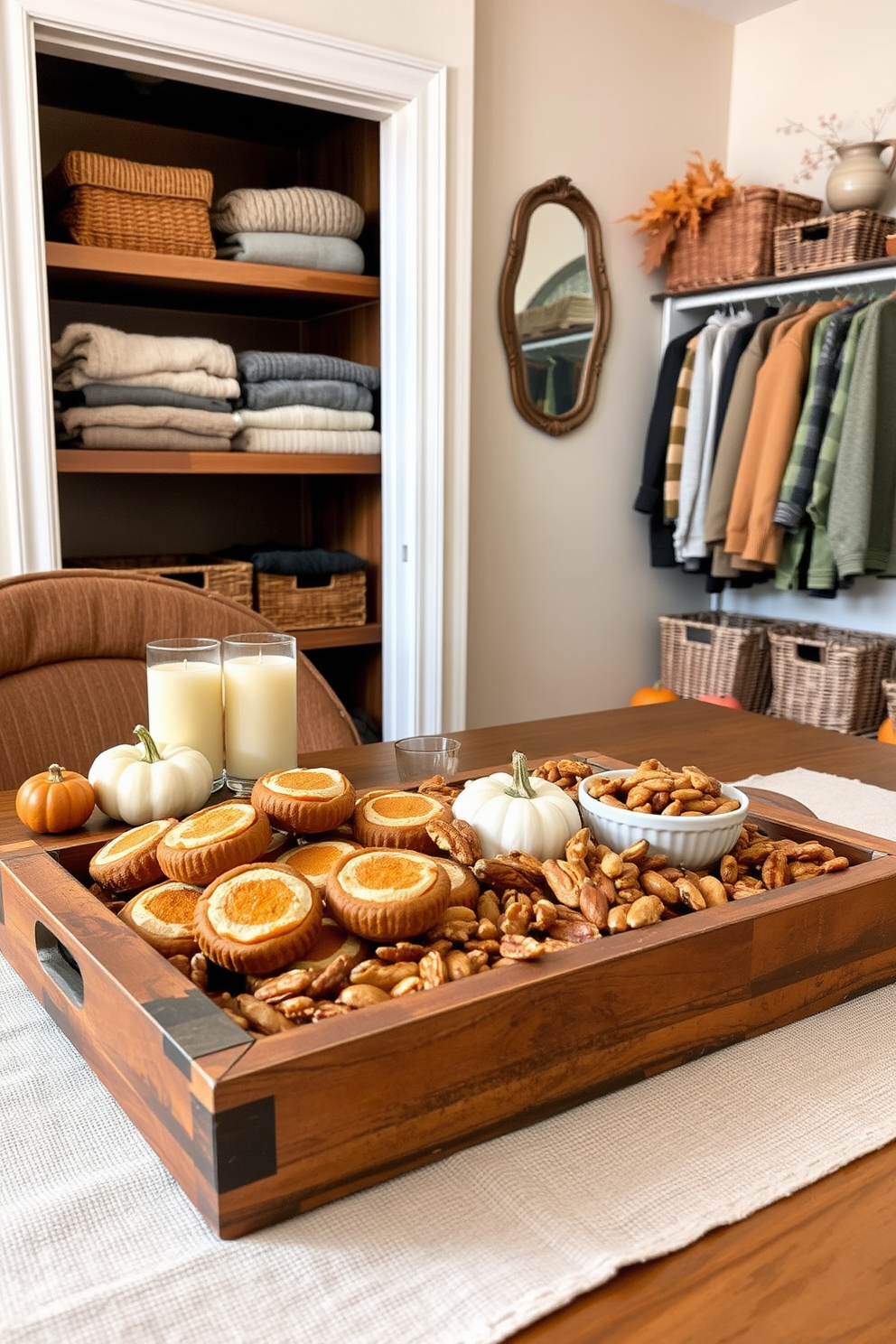 A rustic wooden tray is filled with an assortment of seasonal snacks, including pumpkin pie bites and spiced nuts, creating a warm and inviting atmosphere for Thanksgiving gatherings. The tray is placed on a textured linen tablecloth, surrounded by autumn-themed decorations like small pumpkins and candles. In the closet, cozy elements are introduced with wooden shelves displaying neatly folded sweaters and woven baskets for accessories. The walls are adorned with soft, earthy tones, and a vintage mirror adds a touch of charm to the overall design.