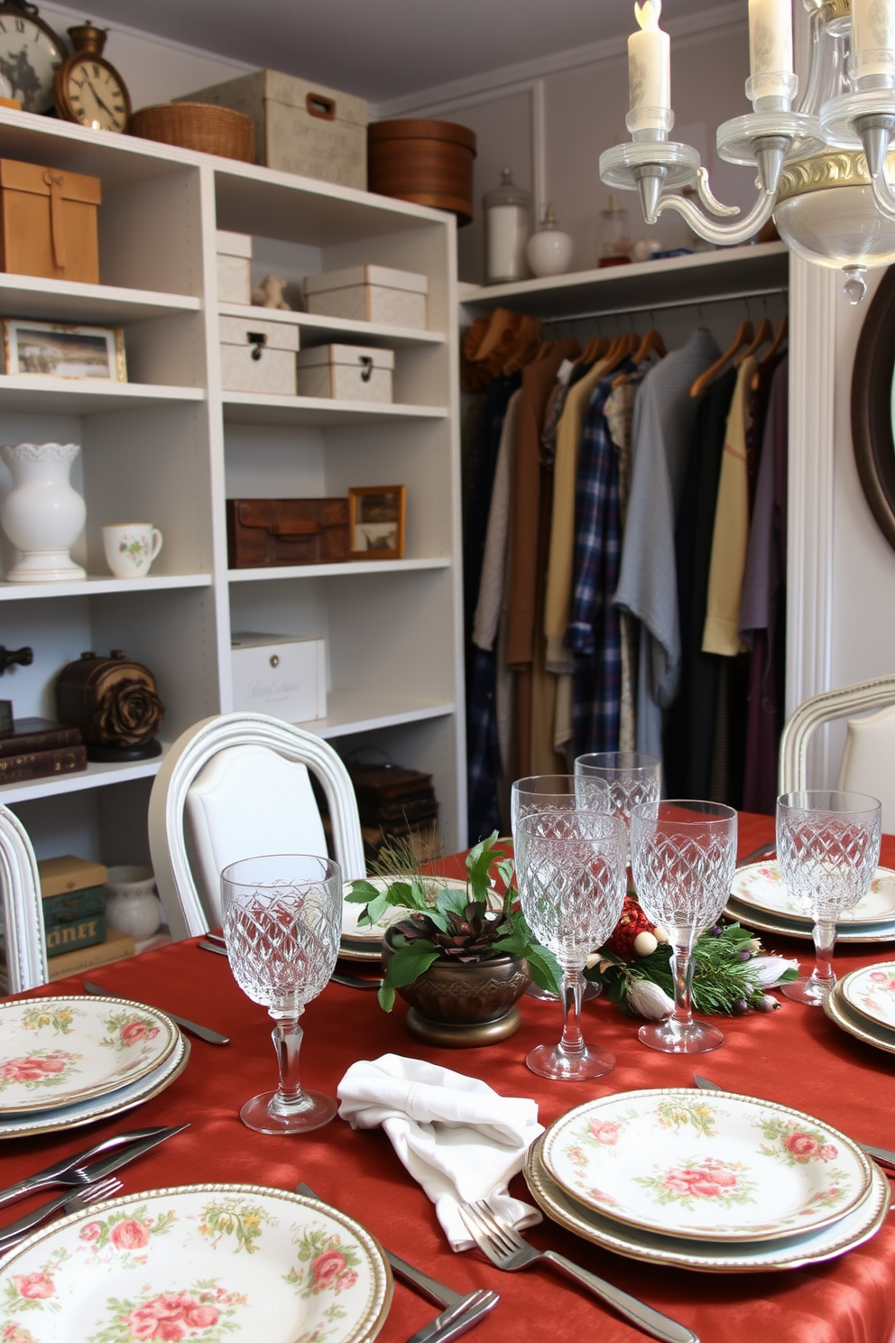 A beautifully arranged festive dining table featuring vintage dishes with intricate floral patterns. The table is adorned with a rich tablecloth, complemented by elegant cutlery and crystal glassware, creating a warm and inviting atmosphere for Thanksgiving. A cozy closet space showcasing vintage-inspired decor elements and organized storage solutions. Shelves are lined with decorative boxes, and hanging space is utilized with stylish hangers, creating a charming and functional display.