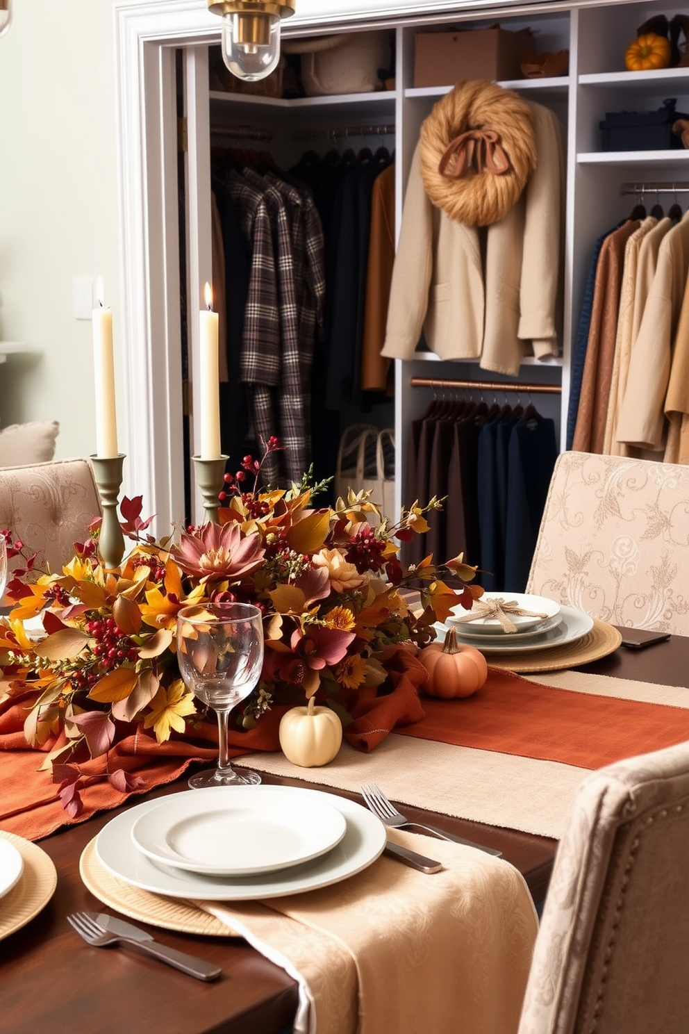 A beautifully styled Thanksgiving table features layered textures with rich table linens in warm autumn colors. The centerpiece includes a mix of seasonal flowers and candles, creating an inviting atmosphere for family gatherings. In the closet, decorative elements enhance the organization with stylish storage solutions for seasonal attire. Soft textures and warm tones create a cohesive look that reflects the spirit of the holiday season.