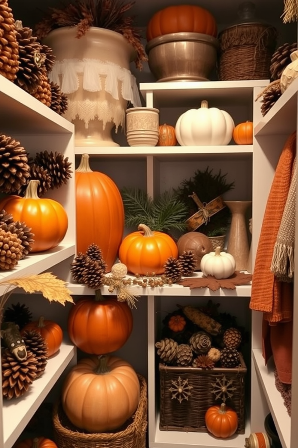 A cozy Thanksgiving closet filled with natural elements. Pinecones and acorns are artfully arranged on shelves alongside seasonal decorations. Warm tones of orange and brown dominate the decor, creating an inviting atmosphere. Soft lighting highlights the textures of the natural elements and the festive decor.