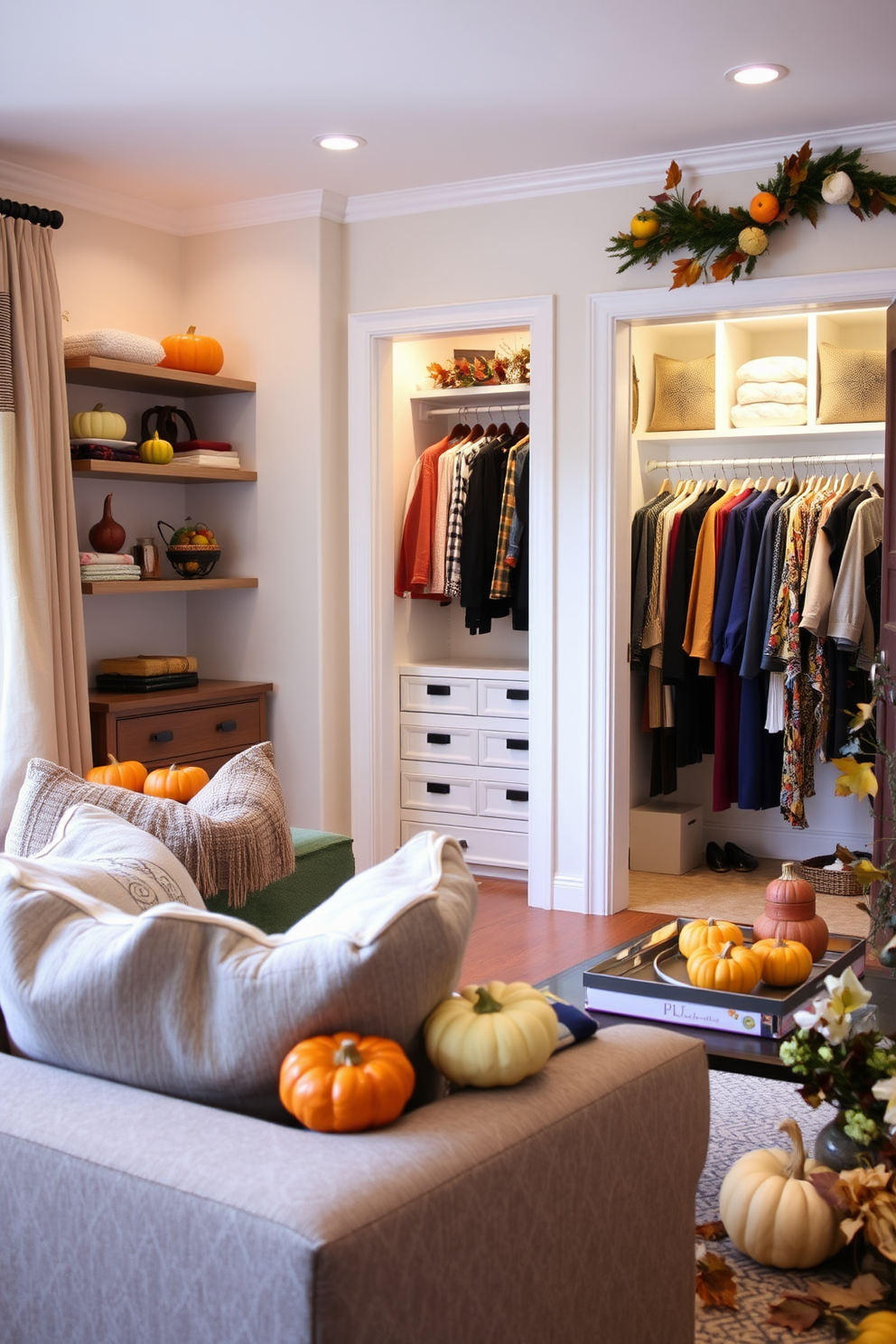 A cozy living room adorned with colorful gourds scattered around the room creates a festive Thanksgiving atmosphere. The gourds are placed on shelves, coffee tables, and window sills, adding warmth and seasonal charm to the space. A stylish closet features decorative elements that enhance its functionality and aesthetic appeal. Soft lighting illuminates the neatly arranged clothing, while seasonal decorations like small pumpkins and autumn leaves add a touch of Thanksgiving spirit.