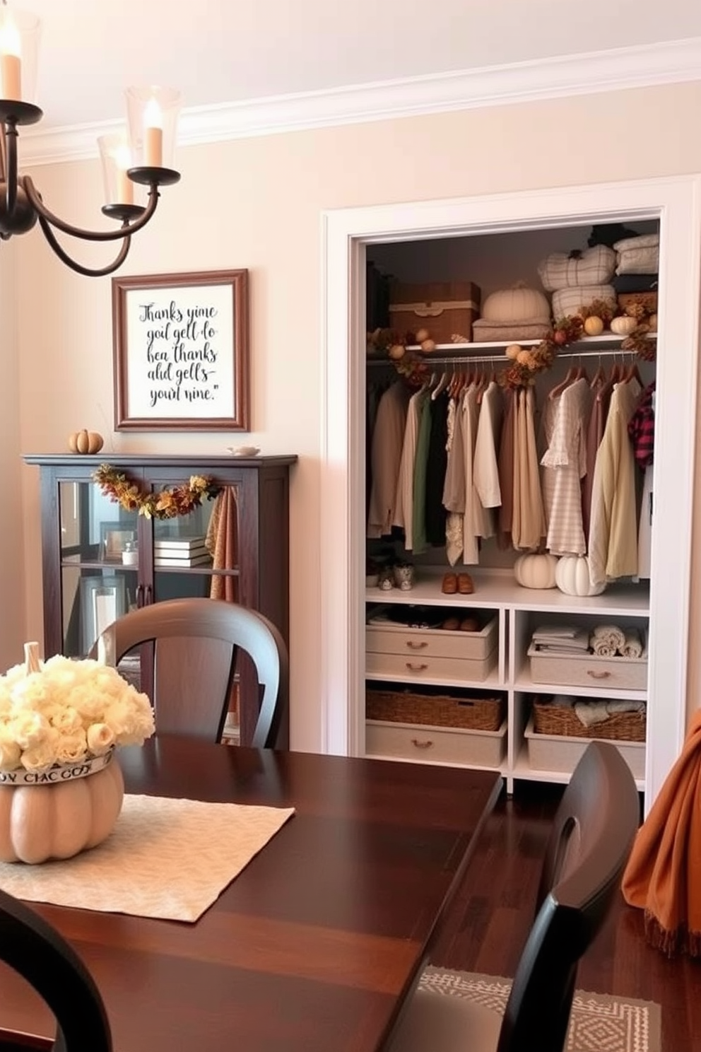 A warm and inviting dining room adorned with framed Thanksgiving quotes on the walls. The quotes are elegantly displayed in rustic wooden frames, creating a cozy atmosphere that celebrates the spirit of gratitude. A stylish closet featuring seasonal Thanksgiving decorations that enhance the space. Soft autumn colors and textures are incorporated, with decorative pumpkins and garlands adding a festive touch to the organized shelves.