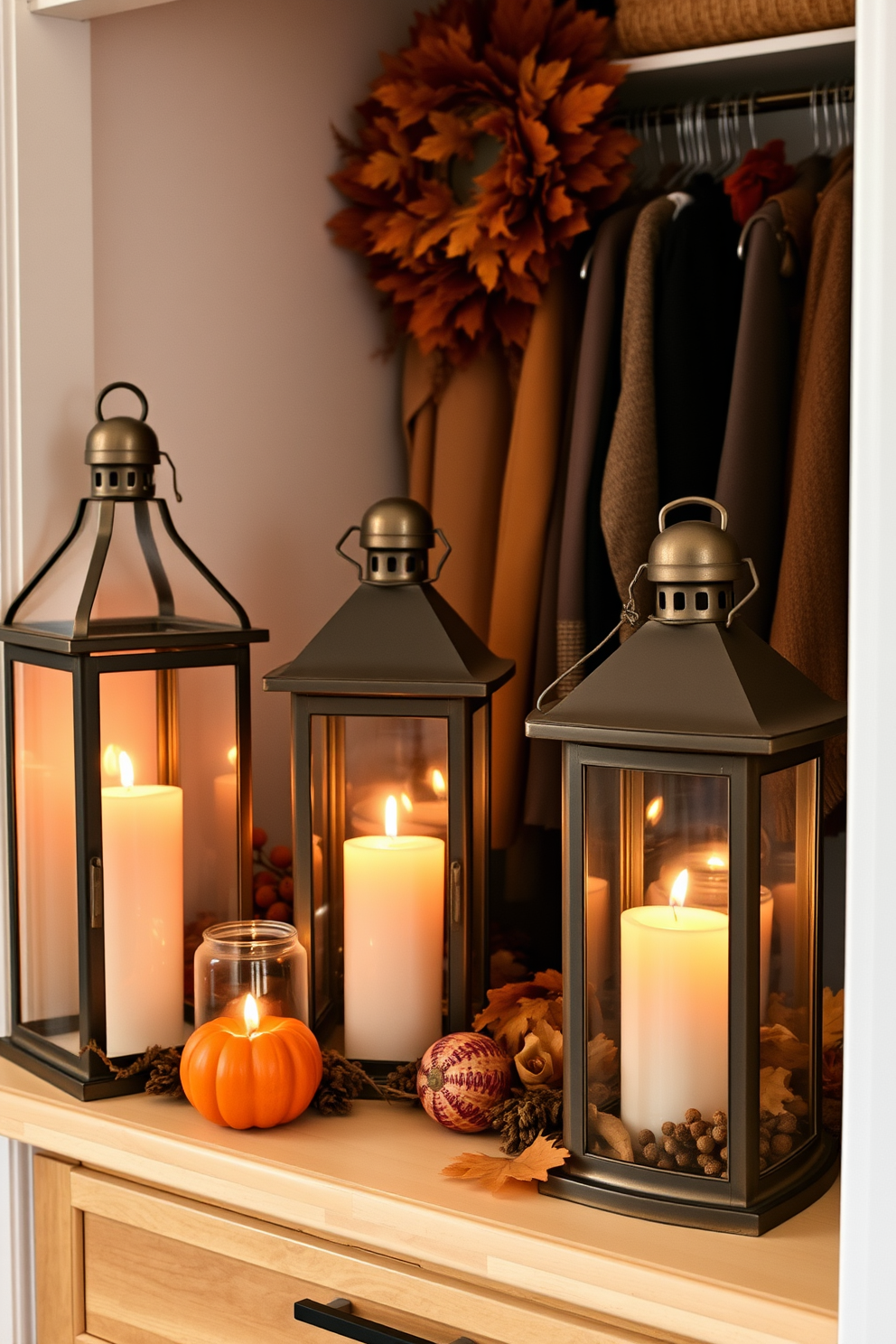 A cozy kitchen scene featuring Thanksgiving themed dish towels hanging on rustic wooden hooks. The towels are adorned with autumn leaves and pumpkins, adding a festive touch to the space. A beautifully organized closet decorated for Thanksgiving with warm colors and seasonal accents. Plush throw blankets in rich oranges and deep reds are neatly folded on shelves, while small decorative pumpkins are placed throughout for added charm.