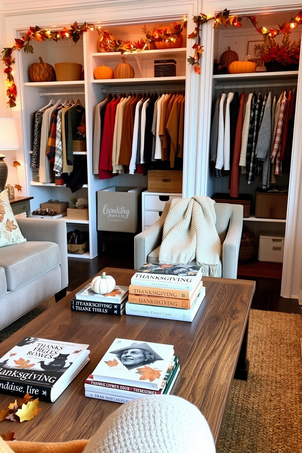 A cozy living room setting adorned with Thanksgiving-themed books on a rustic wooden coffee table. The table is surrounded by plush armchairs, and a warm throw blanket is draped over one of them. A stylish closet featuring autumn-inspired decorations with pumpkins and fall leaves. The shelves are organized with seasonal clothing, and twinkling fairy lights add a festive touch.