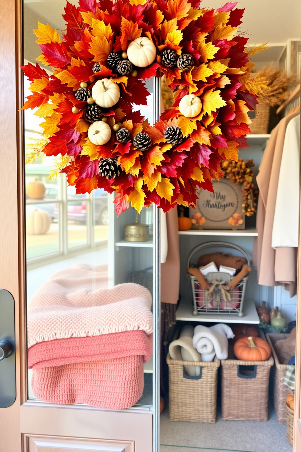 A vibrant autumn wreath adorns the front door, showcasing a mix of colorful leaves, pinecones, and small pumpkins. The warm hues of red, orange, and yellow create an inviting atmosphere that reflects the beauty of the season. Inside, the closet is transformed with Thanksgiving-themed decorations, featuring elegant storage solutions and festive accents. Plush blankets in autumn colors are neatly folded, while decorative baskets hold seasonal items, adding both style and functionality.