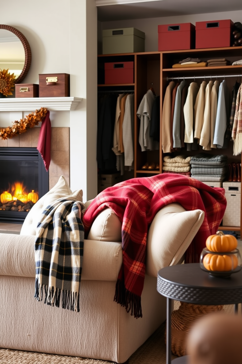 A warm and inviting living room adorned with plaid throws draped over a plush sofa, adding a cozy touch to the space. The fireplace is decorated with seasonal accents, creating a festive atmosphere perfect for Thanksgiving gatherings. A beautifully organized closet featuring decorative storage boxes in autumn colors, enhancing the overall aesthetic. Shelves are lined with neatly folded sweaters and accessories, while a small pumpkin centerpiece adds a seasonal flair.