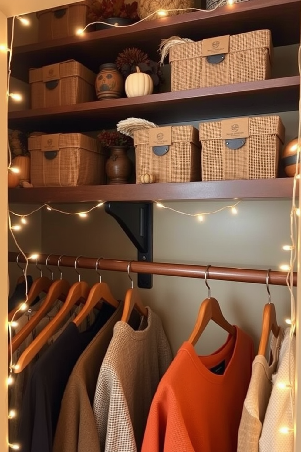 A cozy Thanksgiving closet featuring burlap accents. The shelves are adorned with rustic burlap-wrapped boxes and seasonal decorations, creating a warm and inviting atmosphere. The closet is painted in earthy tones, with wooden hangers showcasing fall-themed garments. Twinkling string lights are draped along the edges, adding a festive touch to the rustic decor.