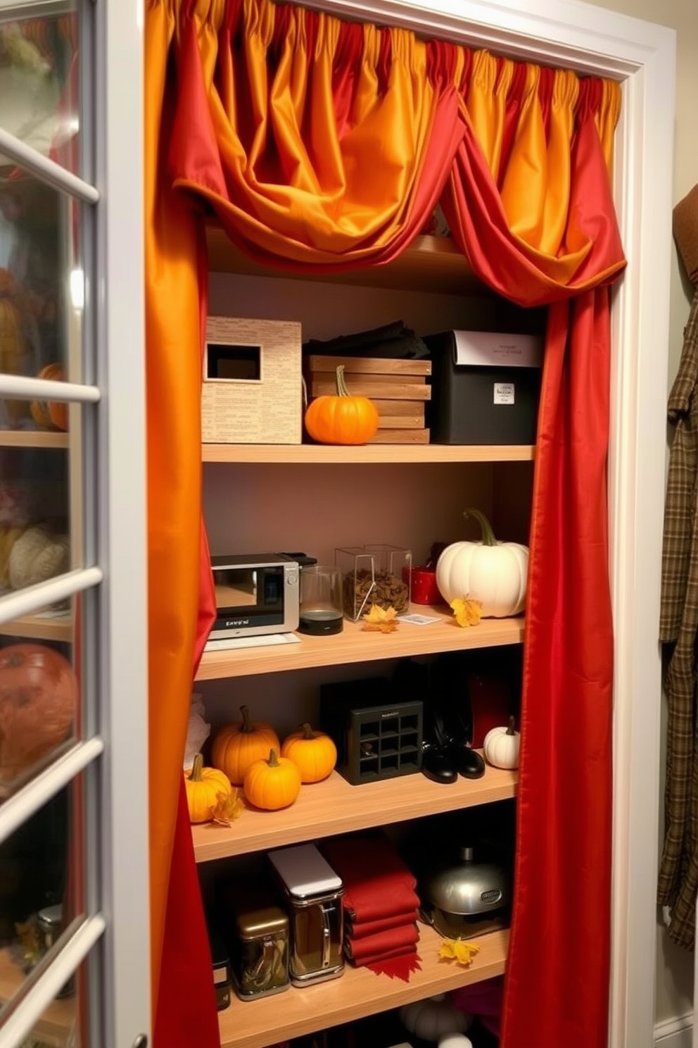 A cozy closet space adorned with autumn colored curtains that bring warmth and a touch of seasonal charm. The curtains are rich in hues of orange, gold, and deep red, perfectly complementing the wooden shelving filled with neatly arranged accessories. Decorative elements include small pumpkins and fall leaves scattered on the shelves, enhancing the festive atmosphere. Soft lighting highlights the textures of the curtains and the organized items, creating an inviting space perfect for the Thanksgiving season.