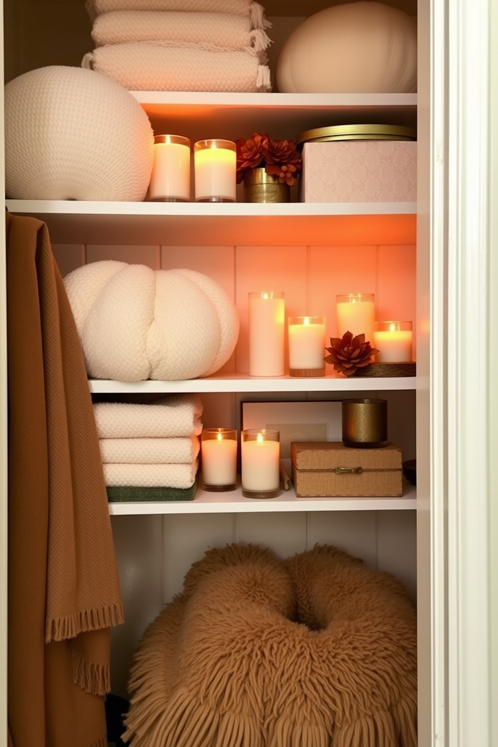 Thanksgiving themed books stacked decoratively create a warm and inviting atmosphere. The rich colors of the book covers complement the autumnal decor surrounding them. Thanksgiving closet decorating ideas include using seasonal accents like mini pumpkins and garlands. Soft textiles in warm hues can be added to create a cozy and festive look.