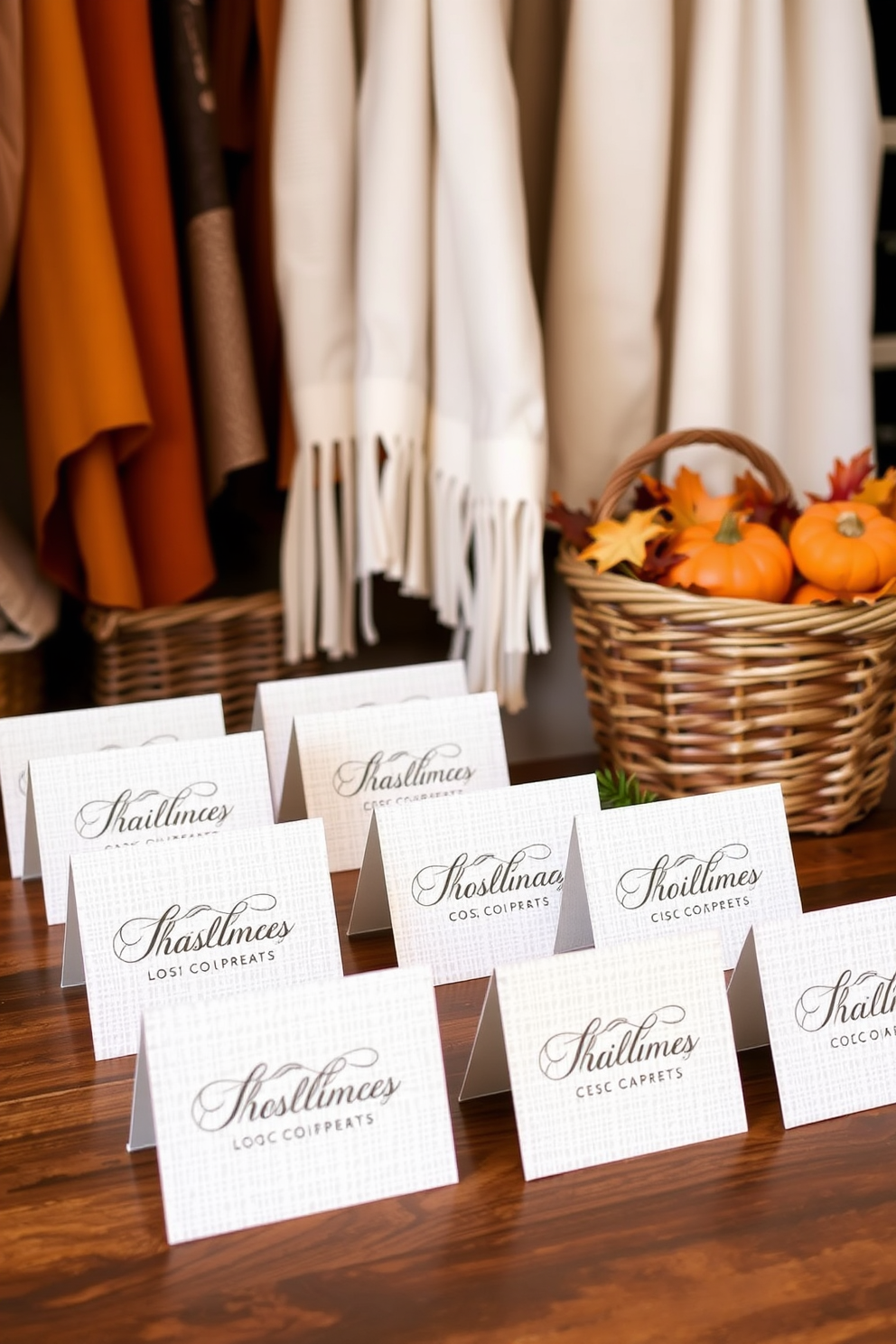 Handmade place cards for guests. Each card features elegant calligraphy on textured paper, adorned with a small sprig of rosemary for a touch of sophistication. Thanksgiving closet decorating ideas. The closet is organized with seasonal decor, including warm-toned blankets and rustic baskets filled with autumn leaves and mini pumpkins.