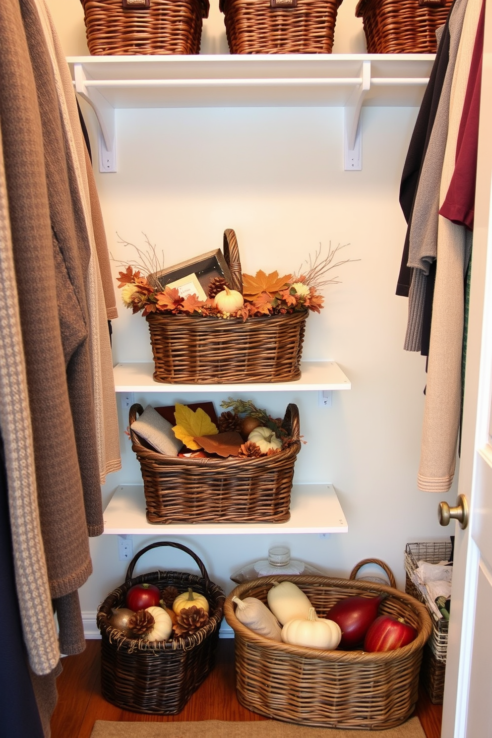 Decorative baskets filled with seasonal items create a warm and inviting atmosphere in your closet. Arrange the baskets on shelves or the floor, using rich autumn colors and textures to enhance the Thanksgiving theme.