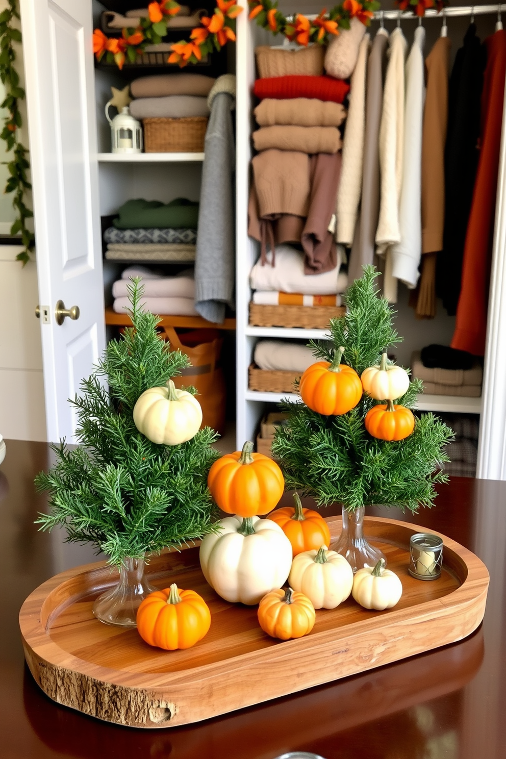 A beautiful tabletop display features small evergreen trees, each adorned with vibrant mini pumpkins in shades of orange and white. The arrangement is complemented by a rustic wooden tray that adds warmth to the festive setting. In the closet, seasonal touches are introduced with decorative elements like garlands of leaves and small lanterns. The shelves are organized with cozy sweaters and accessories in autumn hues, creating a welcoming atmosphere.