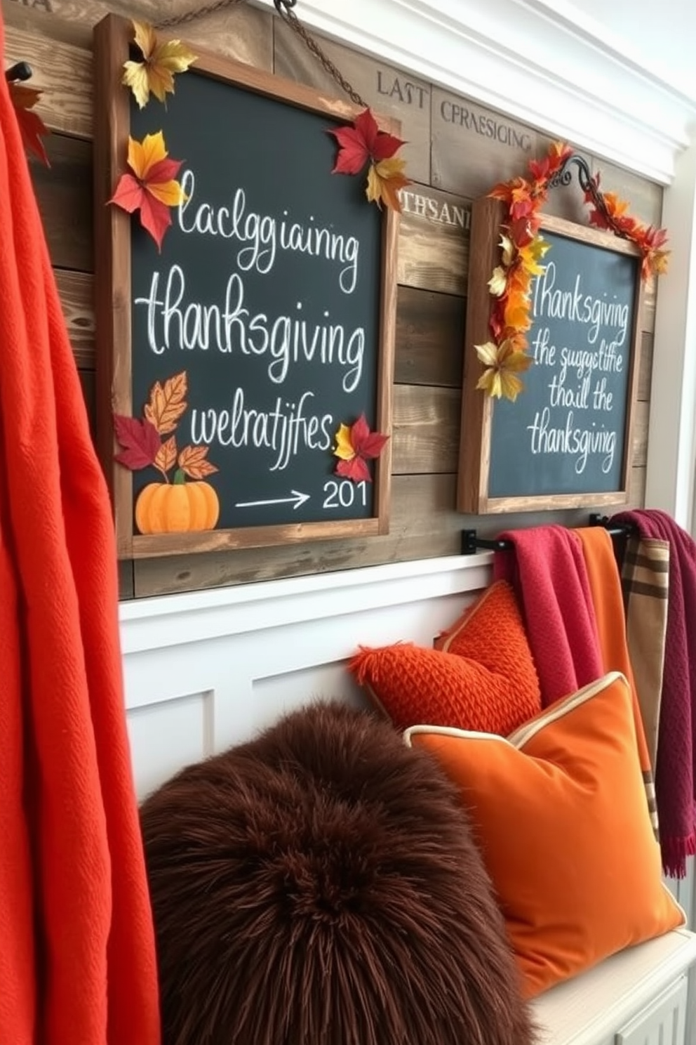 Chalkboard signs displaying warm Thanksgiving messages are hung on rustic wooden walls. Each sign is adorned with autumn leaves and pumpkins, creating a cozy holiday atmosphere. The Thanksgiving closet is decorated with vibrant fall colors and seasonal accents. Plush cushions and throws in rich oranges and deep reds invite comfort and warmth.