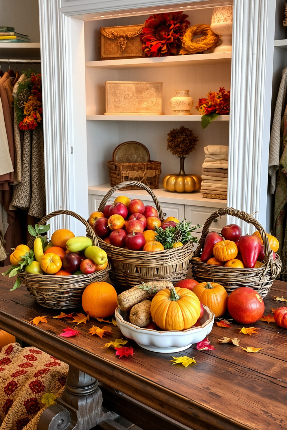 Harvest baskets filled with an array of vibrant fruits are artfully arranged on a rustic wooden table. The scene is complemented by autumn leaves scattered around, creating a warm and inviting atmosphere. The closet features elegant shelving adorned with seasonal decorations and neatly organized accessories. Soft lighting highlights the rich textures of the fabrics and the warm tones of the decor, enhancing the cozy feel of the space.