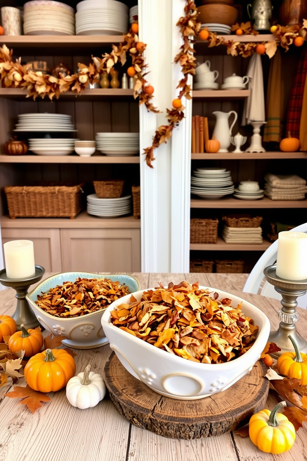 Aromatic potpourri is arranged in decorative bowls made of ceramic and glass. The bowls are placed on a rustic wooden table surrounded by autumn-themed decorations like small pumpkins and candles. Thanksgiving closet decorating ideas feature warm, earthy tones with garlands of dried leaves and small gourds. Shelves are adorned with festive tableware and seasonal linens, creating a cozy and inviting atmosphere.